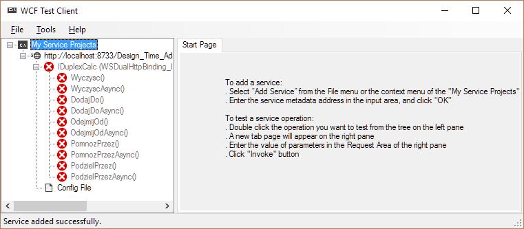 Rysunek 2.2: WCF Test Client 2. We właściwościach projektu zmień Target framework na.net Framework 4.5 (rys. 2.3). Projekt zostanie przeładowany. 3. Dodaj referencję do DuplexServiceLibrary.