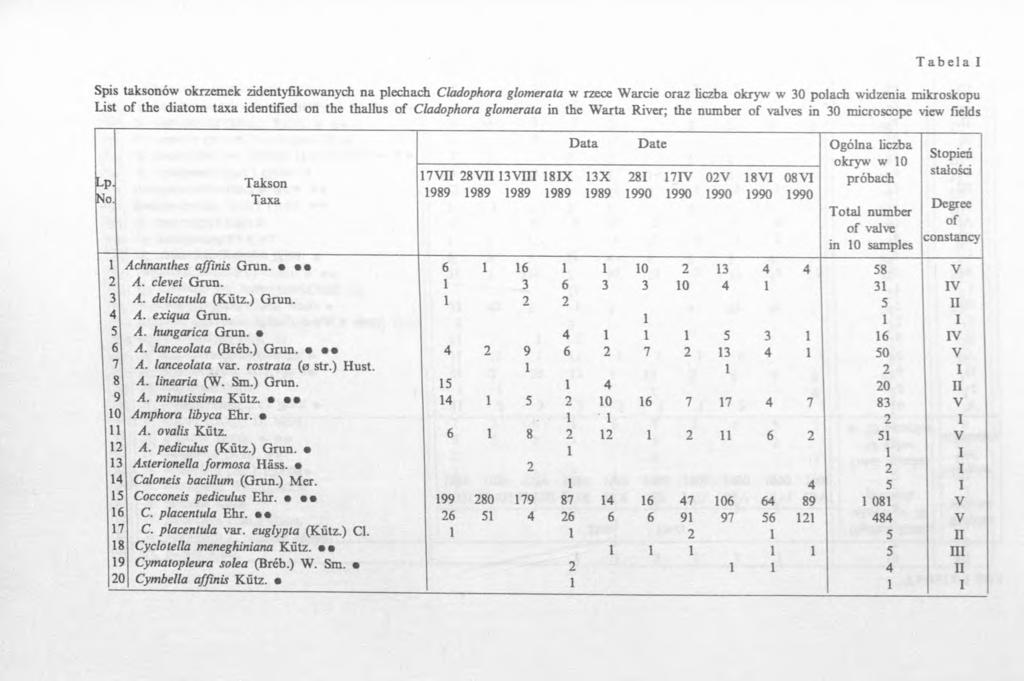 Spis taksonów okrzemek zidentyfikowanych na plechach Cladophora glomerata w rzece Warcie oraz liczba okryw w 30 polach widzenia mikroskopu List of the diatom taxa identified on the thallus of