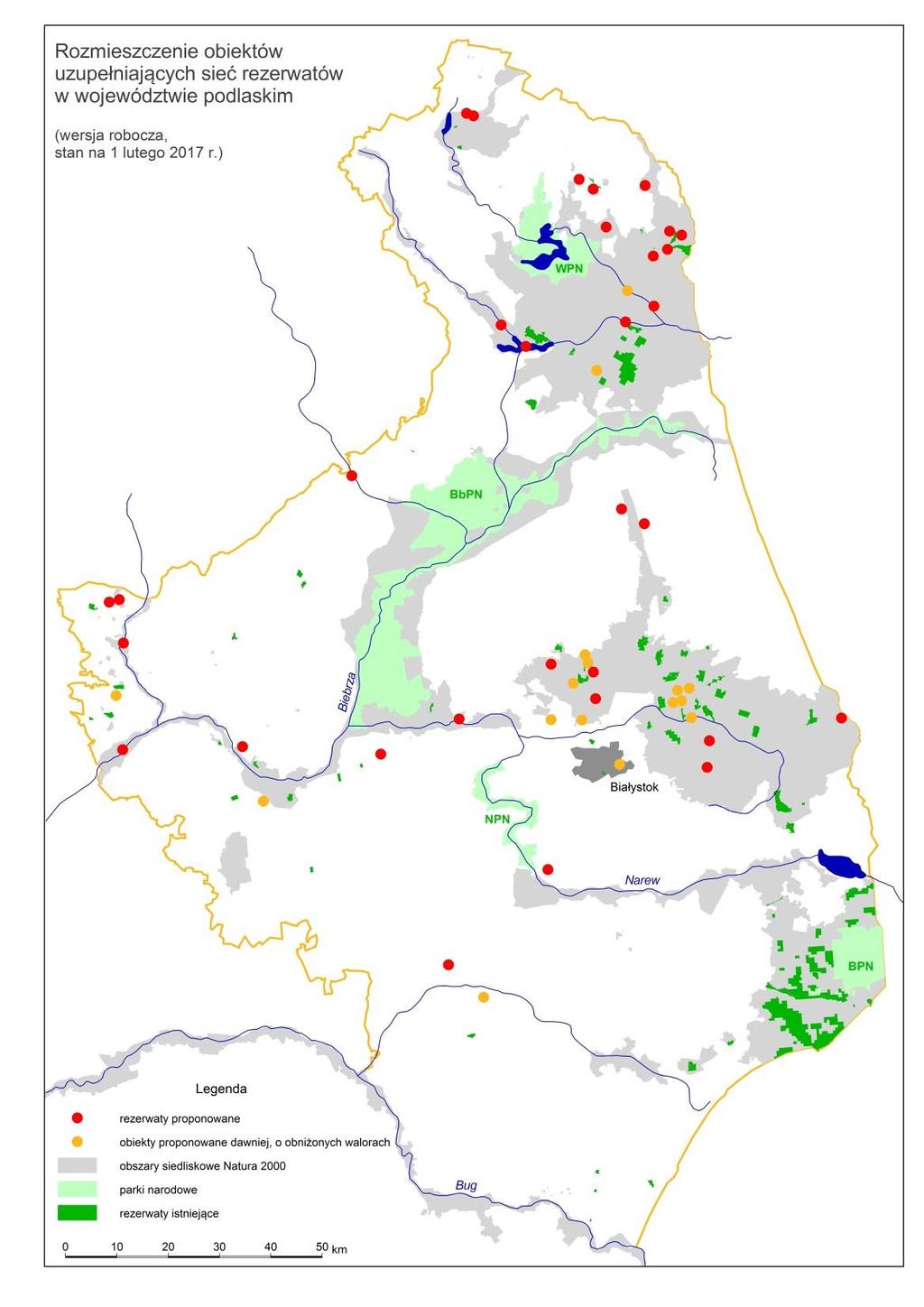 WSTĘPNE PROPOZYCJE ROZSZERZENIA SIECI Wstępna propozycja uzupełnienia sieci rezerwatów w woj. podlaskim (na podst.