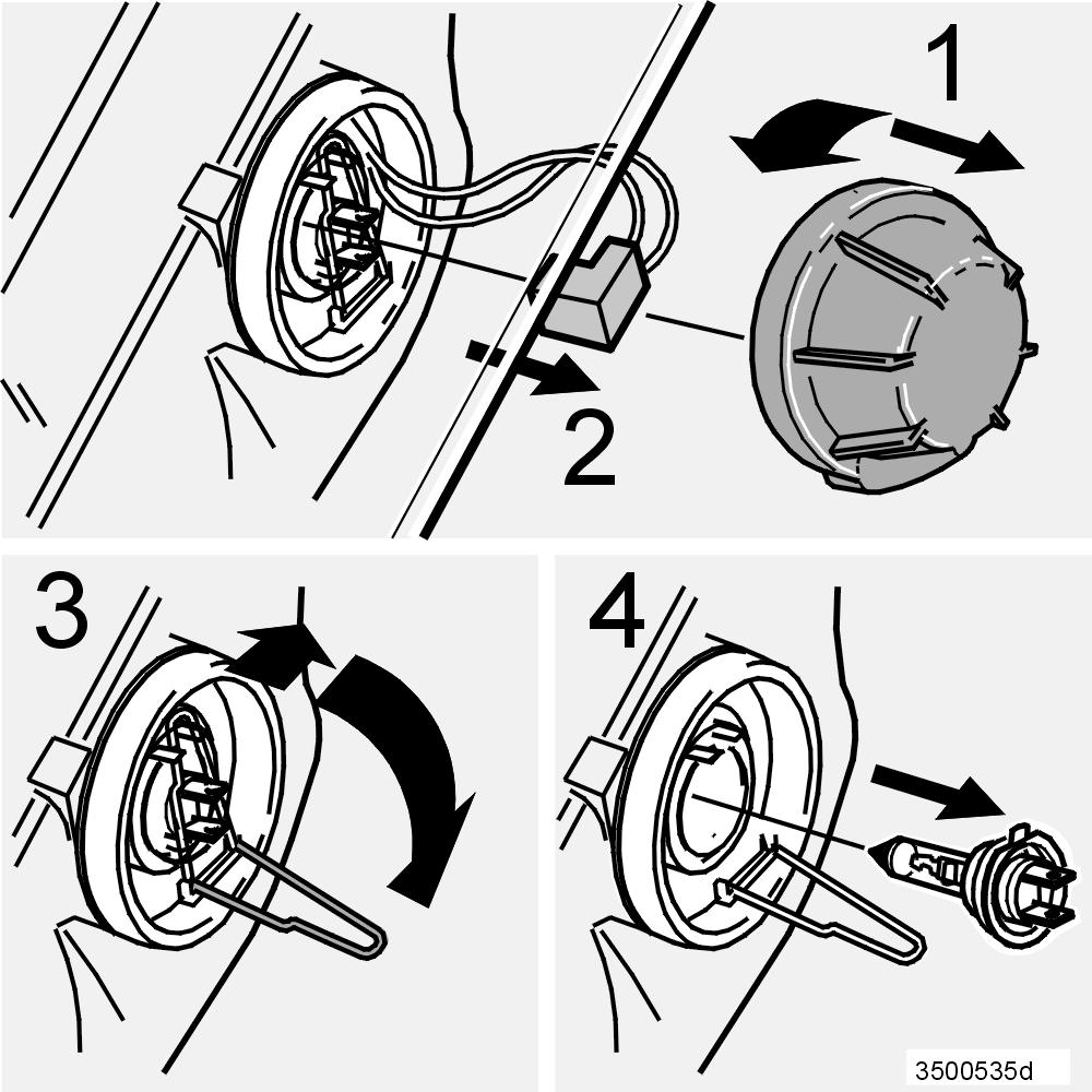 Wymiana żarówek 3500534d Wymiana żarówek świateł mijania i drogowych* (nie dotyczy reflektorów biksenonowych) Żarówki wymienia się od strony komory silnika. UWAGA!