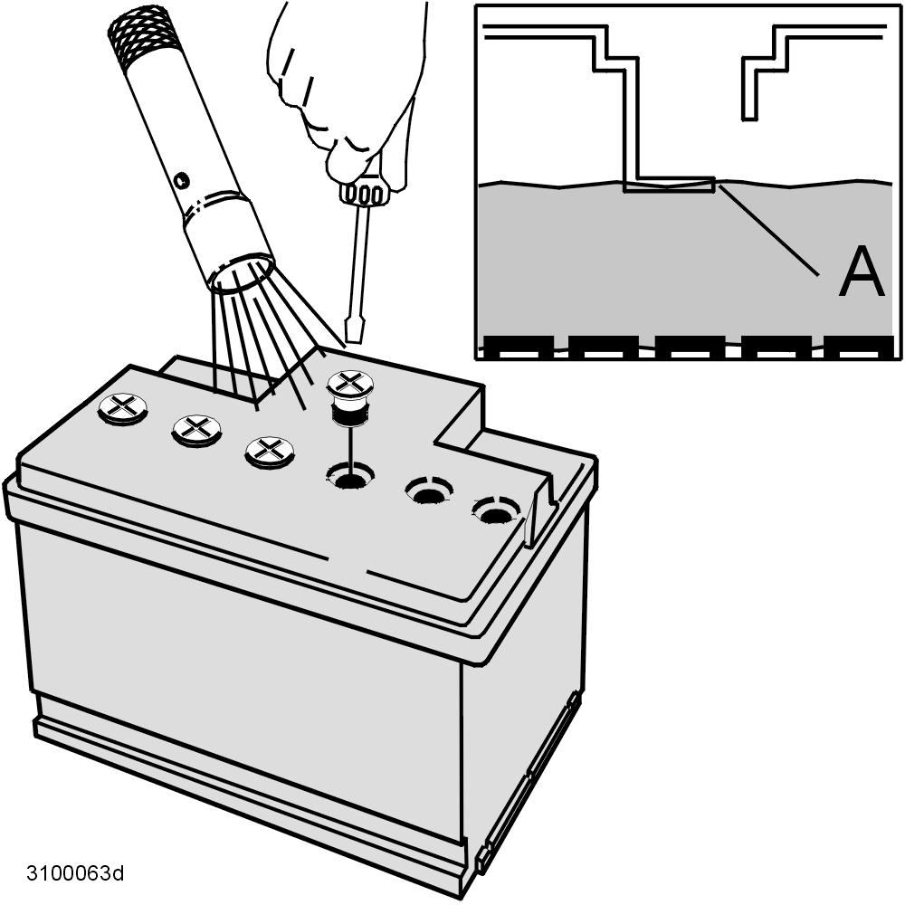 Konserwacja akumulatora W razie potrzeby uzupełnić do poziomu maksymalnego, wlewając wodę destylowaną. UWAGA! Nie dolewać powyżej znaku poziomu maksymalnego (A). Nie stosować wody wodociągowej.