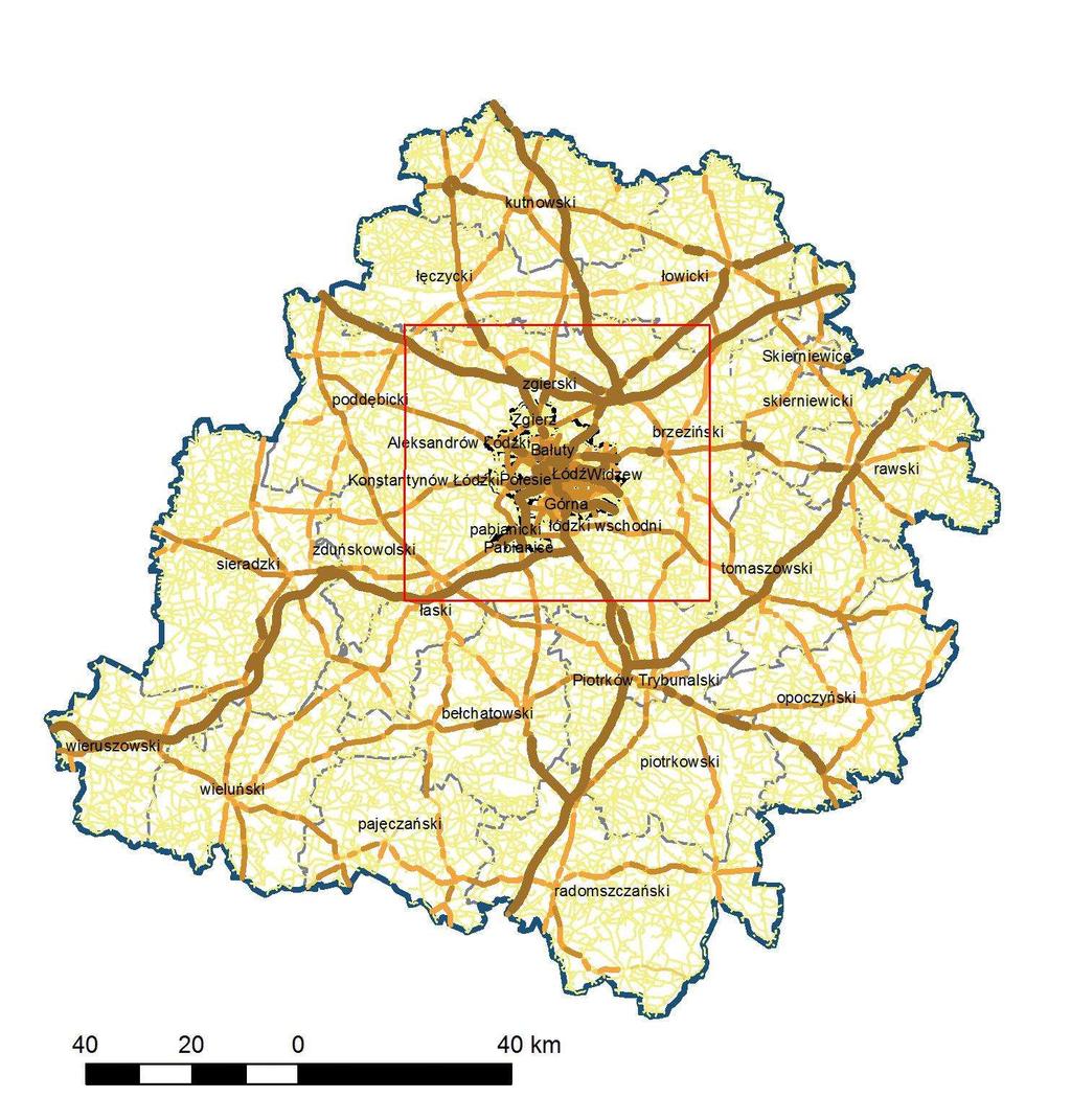 Rys. 28 Emisja liniowa w powiatach Łódzkiego Obszaru Metropolitalnego w 2014 r. Źródło: Raport WIOŚ o stanie środowiska w województwie łódzkim 2014.