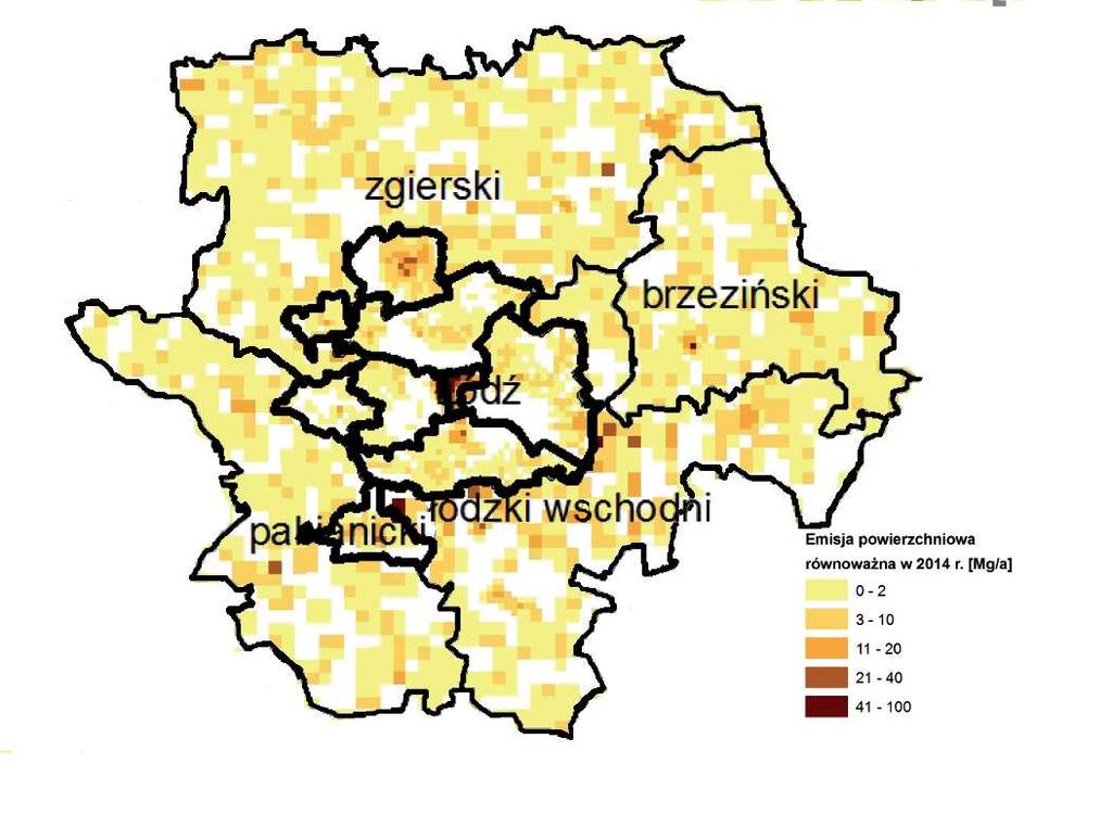 przedstawia rozmieszczenie równoważnej emisji powierzchniowej w Łódzkim Obszarze Metropolitalnym. Rys. 29 Emisja powierzchniowa w powiatach Łódzkiego Obszaru Metropolitalnego w 2014 r.