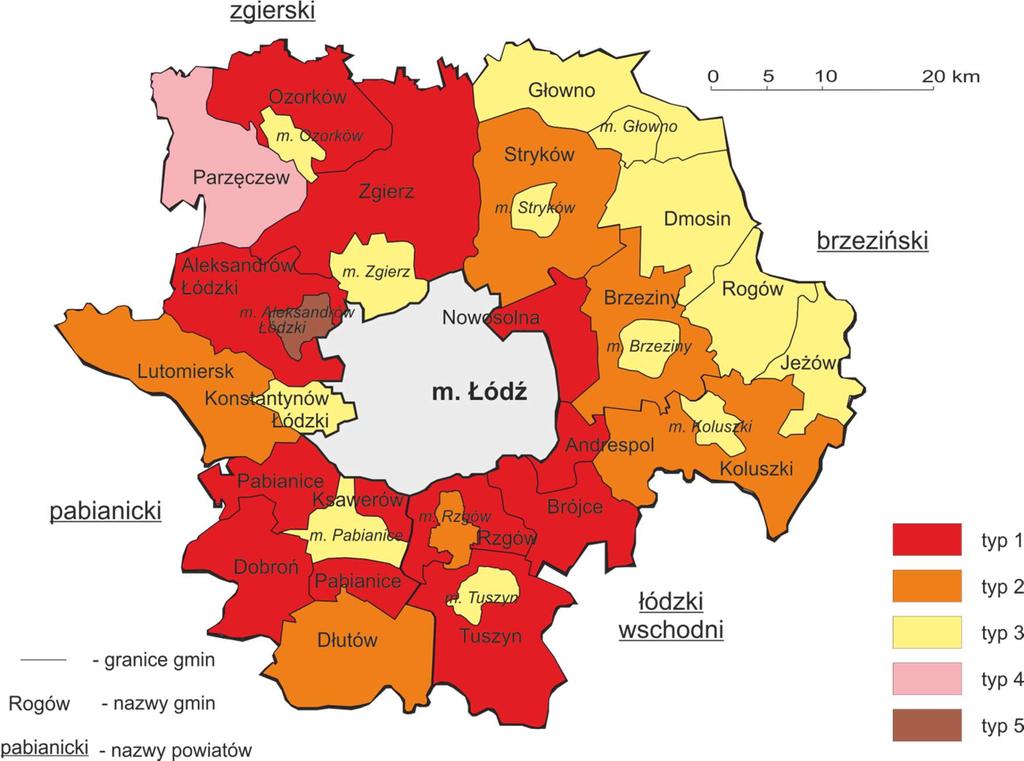 Rys. 32 Typy przestrzenne specyfiki demograficznej gmin w Łódzkim Obszarze Metropolitalnym w 2012 r. Źródło: Opracowanie własne na podstawie danych BDL GUS.