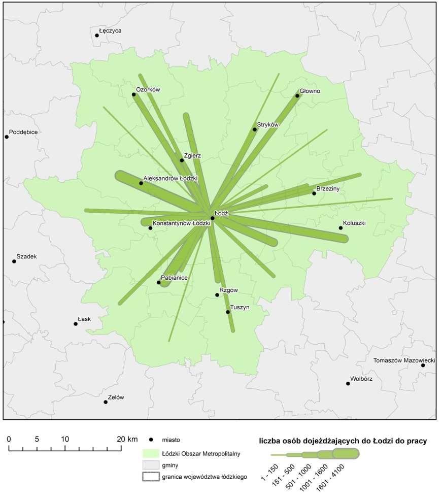 wartości bezwzględnych większymi dojazdami do pracy cechują się jedynie: Łódź (45 tys.), Pabianice (3,1 tys.), Zgierz (2,6 tys.) oraz gmina Aleksandrów Ł. (2,1 tys.