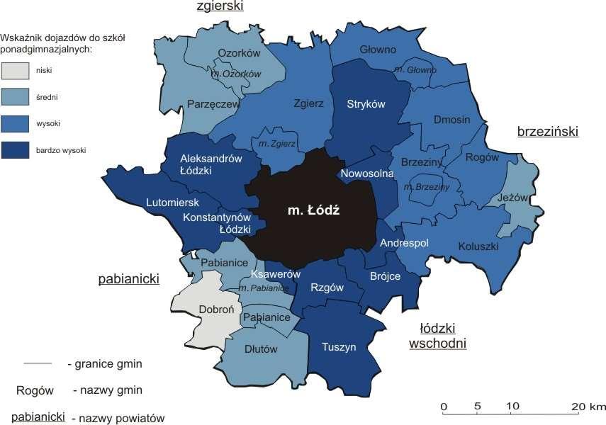 Rys. 10 Wielkość dojazdów do łódzkich szkół ponadgimnazjalnych z gmin ŁOM w roku szkolnym 2011-2012 Źródło: Opracowanie