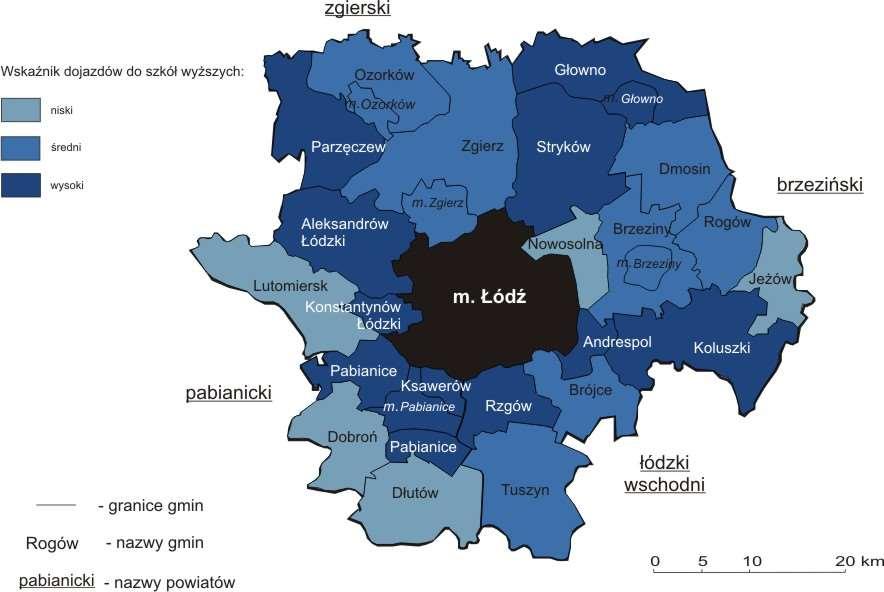 11 Wielkość dojazdów do łódzkich szkół wyższych z gmin ŁOM w roku szkolnym 2011-2012 Źródło: Opracowanie na podstawie