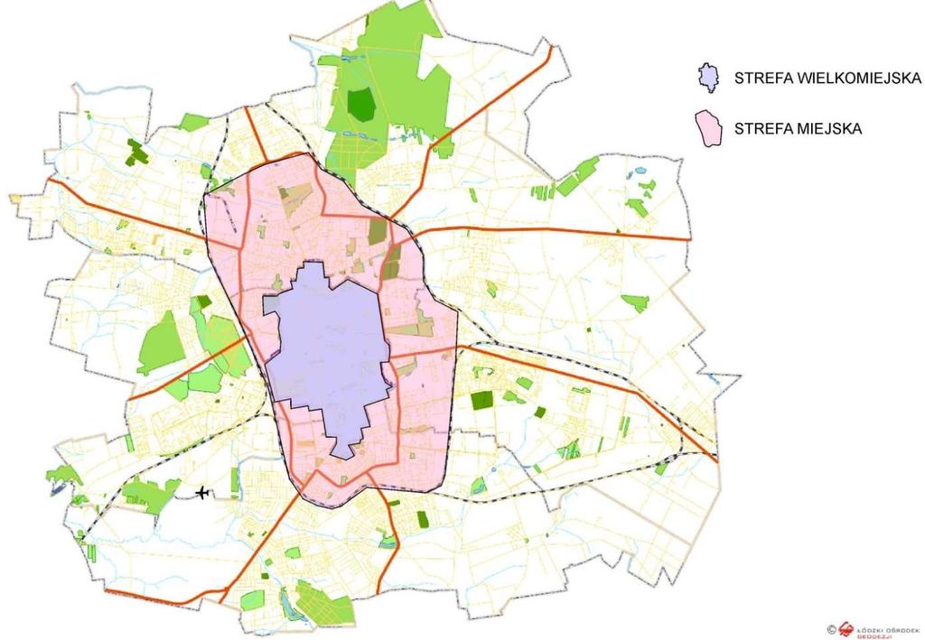 Rys. 14 Strefa wielkomiejska Łodzi na tle struktury miasta Źródło: Opracowanie własne na podstawie Strategii przestrzennego rozwoju Łodzi, 2012.