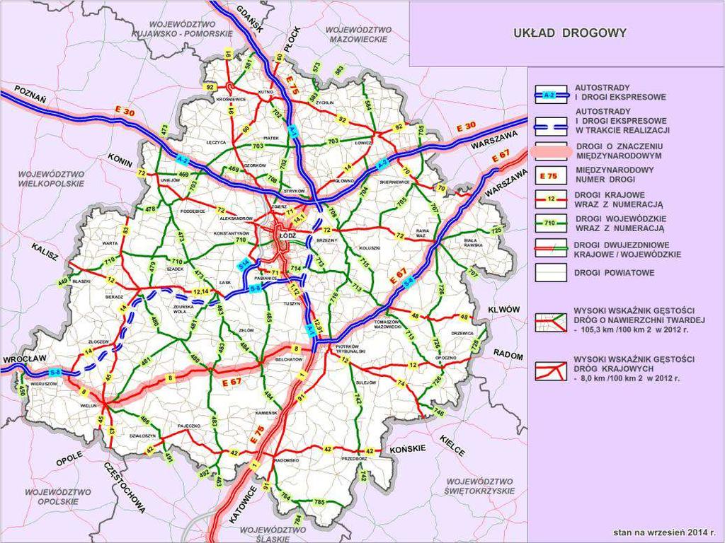 Rys. 19 Sieć głównych dróg kołowych Łódzkiego Obszaru Metropolitalnego Źródło: Okresowa ocena Planu Zagospodarowania Przestrzennego Województwa Łódzkiego W 2014 r.