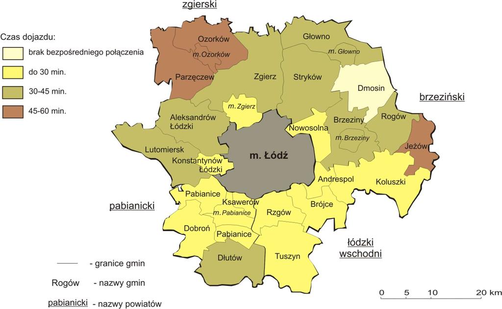 ma bezpośredniego połączenia z Łodzią) tylko z gmin Jeżów i Ozorków dostępność czasowa jest wyższa niż 45 min. Czas dojazdu do Łodzi jest krótszy z kierunku południowego niż północnego.
