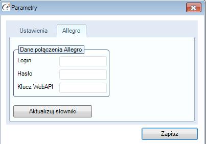 Po uzupełnieniu danych logowania Allegro należy zaktualizować słowniki przyciskiem