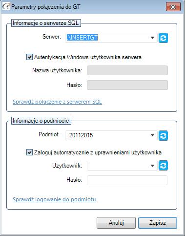 (rys. 7) Parametry połączenia do GT W zależności od konfiguracji serwera SQL należy do zrealizowania połączenia