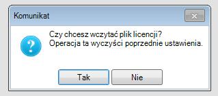 Po wybraniu Licencja -> Wczytaj z pliku program spyta nas czy na pewno chcemy wczytac nową licencji i po potwierdzeniu przyciskiem Tak wczyta licencje. (rys.