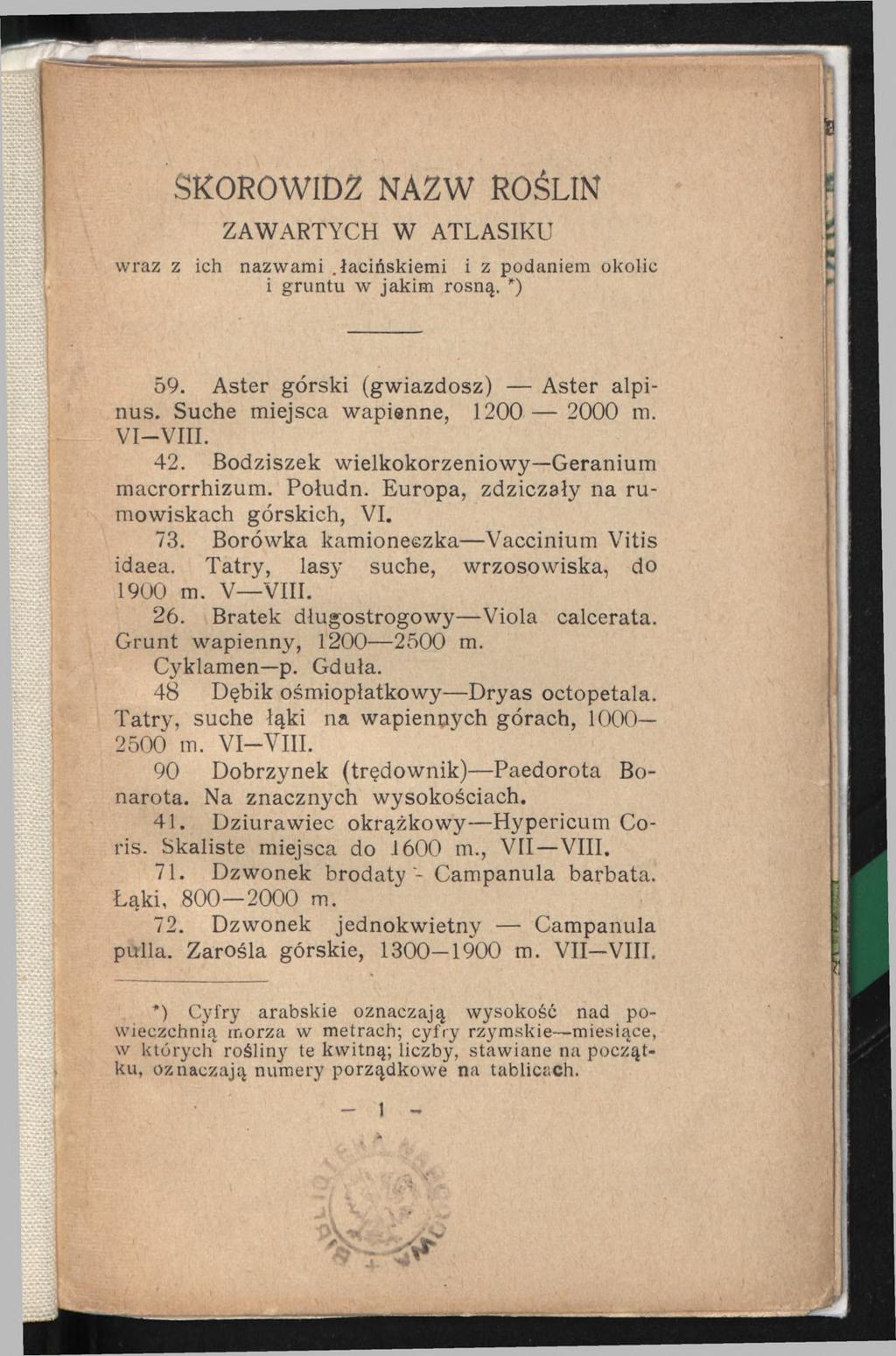 SKOROWIDZ NAZW ROŚLIN ZAWARTYCH W ATLASIKU w raz z ich nazw am i.łaciń sk iem i i z podaniem okolic i gruntu w jakim rosną. *) 59. Aster górski (gwiazdosz) Aster alpinus.