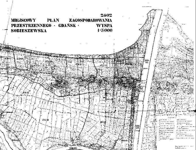 Rys.2.6. Fragmenty rysunku planu Wyspy Sobieszewskiej z 1999 r. w rejonie rezerwatów Ptasi Raj i Mewia Łacha (Urząd Miasta Gdansk) Granicą planu objęto tereny wód śródlądowych płynących część rzeki.