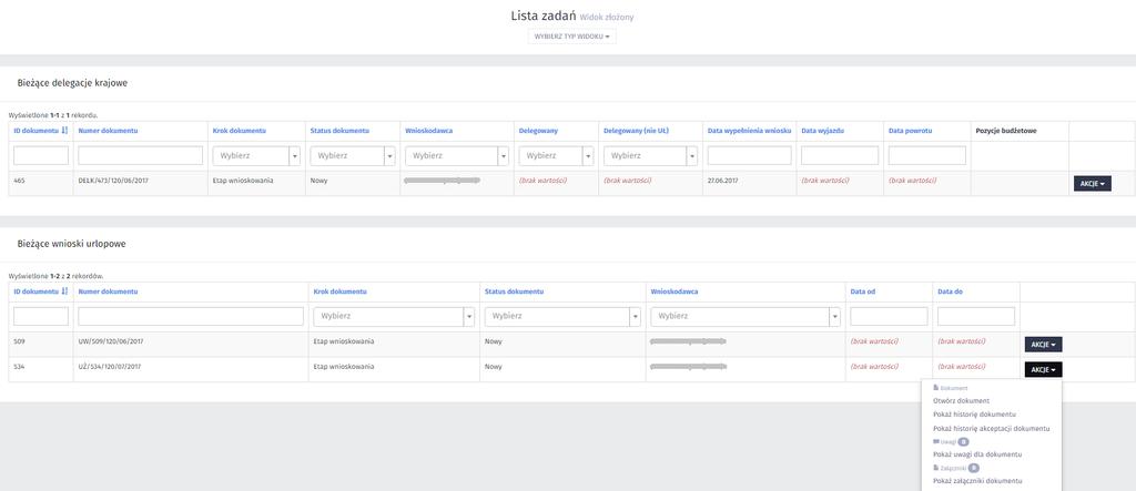 Utworzony Wniosek urlopowy system automatycznie zapisuje na Liście zadań użytkownika. System domyślnie, po dodaniu nowego dokumentu otwiera użytkownikowi sekcję Lista zadań - widok złożony.