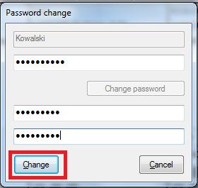 W polu: password - należy wpisać dotychczasowe hasło; new password - należy wpisać nowe hasło; confirm password - należy potwierdzić nowe hasło raz jeszcze je wpisując; Hasło powinno składać się z