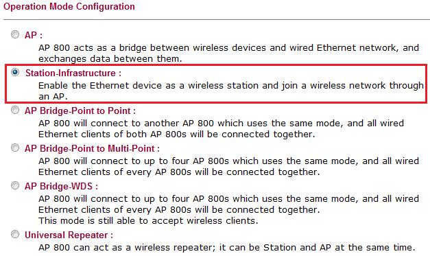 2.2. AP800 2.2.1. Tryb pracy Przejdź do zakładki Operation mode w panelu konfiguracyjnym VigorAP800. Wybierz tryb Station-Infrastructure.