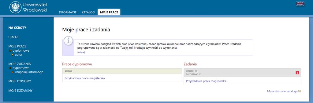 2. Lista prac i zadań Po zalogowaniu do APD pojawi się strona o tytule Moje prace i zadania. Znajduje się ona pod zakładką Moje prace (górny pasek menu).