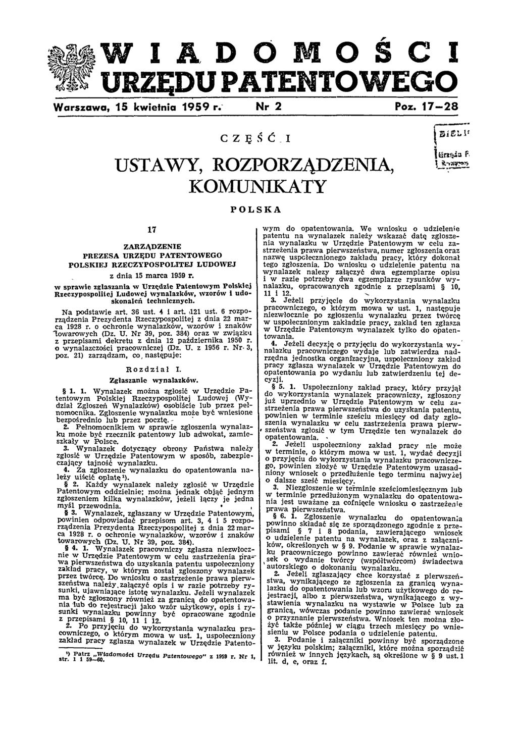 WIADOMOŚCI URZĘDU PATENTOWEGO W arszaw a, 15 kwietnia 1 9 5 9 r. Nr 2 Poz.