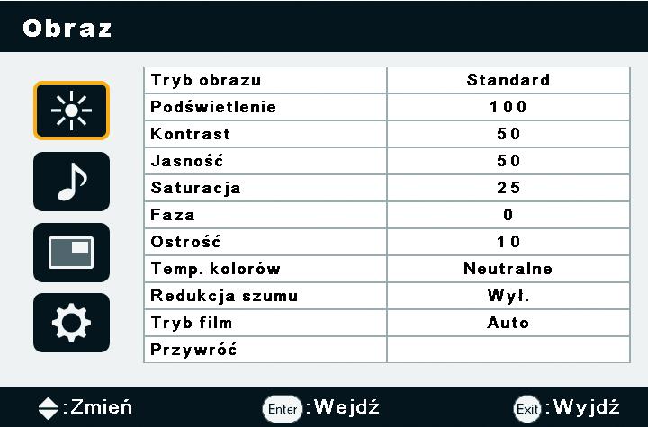 5. Menu ekranowe 19 Menu Obraz Nazwa Tryb obrazu Podświetlenie Kontrast Jasność Saturacja Faza Ostrość Temp. kolorów Redukcja szumu Tryb film Przywróć Opis Wybór trybu wyświetlania.