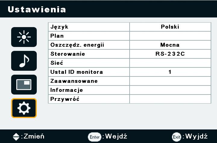 24 5. Menu ekranowe Menu Ustawienia Język Plan Nazwa Oszczędz. energii Opis Wybór preferowanego języka menu ekranowego. Data i godzina: Ustawianie bieżącej daty i godziny.