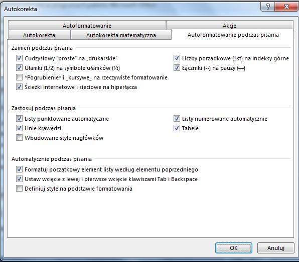 Większość opcji Autoformatowanie