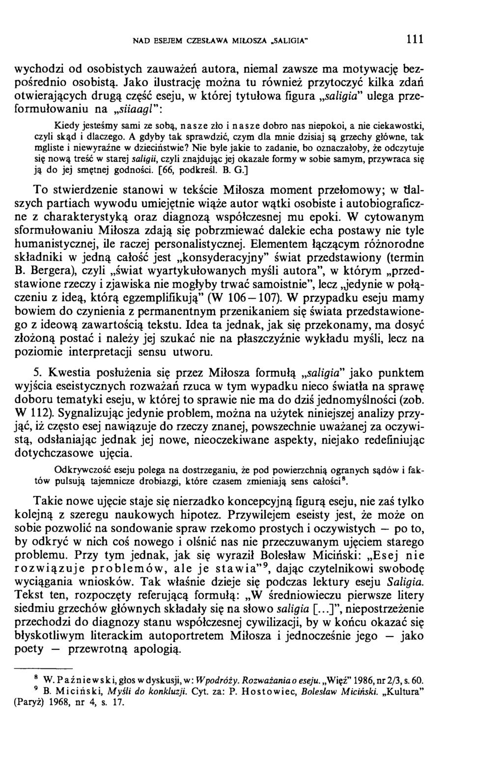 NAD ESEJEM CZESŁAWA MIŁOSZA SALIGIA 1 1 1 wychodzi od osobistych zauważeń autora, niemal zawsze ma motywację bezpośrednio osobistą.