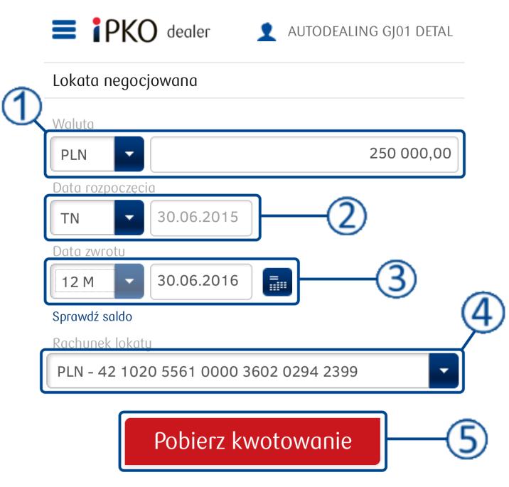 Rachunek lokaty lista rozwijana pozwalająca wskazać rachunek z którego mają zostać pobrane środki do realizacji lokaty negocjowanej.