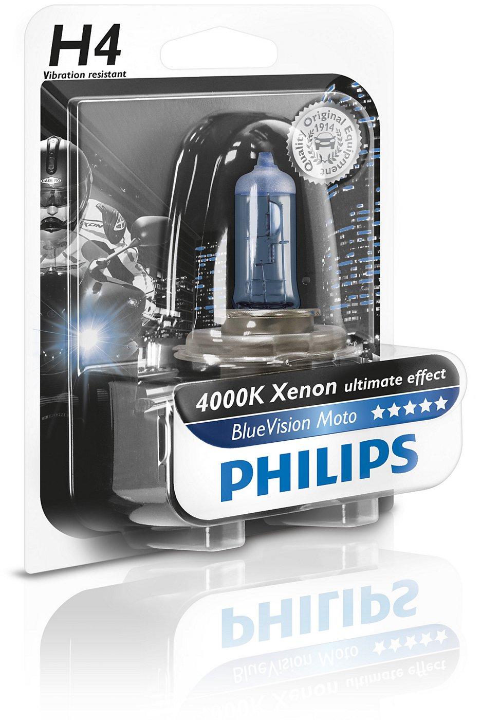 2017-08-25 PHILIPS 12V 60/55W P43t-38 BlueVision Moto Halogenowe żarówki marki Philips z serii BlueVision Moto, przeznaczone do reflektorów głównych motocykli i skuterów.