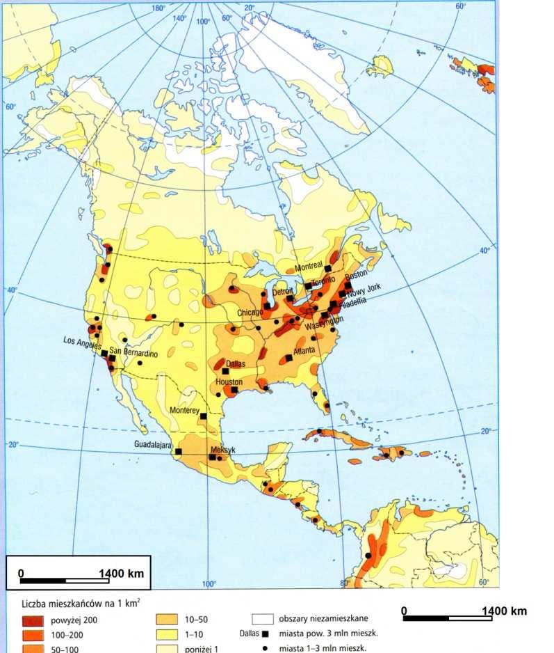 1. Zadania 117 Zadanie 198. Na mapie przedstawiono rozmieszczenie ludności w Ameryce Północnej. Źródło: Mapy świata.