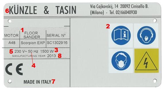 Wprowadzenie Tabliczka znamionowa maszyny Tabliczka znamionowa maszyny zawiera następujące informacje: 1. Model maszyny 2. Znaki bezpieczeństwa 3. Moc silnika 4. Częstotliwość zasilania 5.