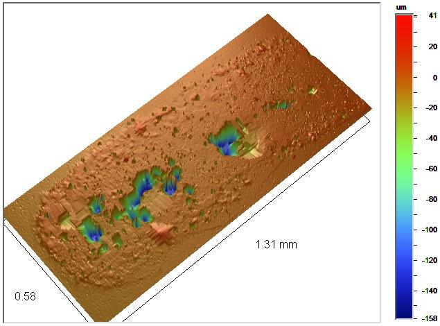 a - topografia ścieżki b - wizualizacja 3D Wynikiem zastosowanie stosunkowo niewielkiej mocy 10W i małej szybkości skanowania 2mm/s jest