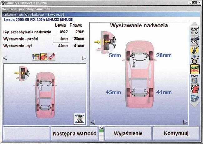 Wystawanie nadwozia poza zewnętrzną krawędź koła przed modyfikacją (powyżej) oraz po modyfikacji Dla wykazania charakteru tych zjawisk w warunkach pomiarowych i drogowych dokonano pomiarów geometrii