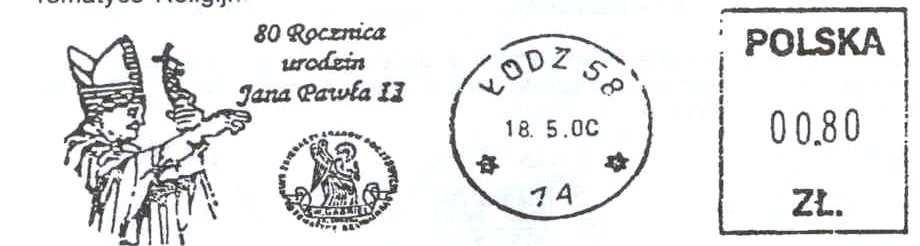 Gabriela grupy Łódzkiej i tekst : PAPIEŻA JANA PAWŁA II. KLUB ZBIERACZY ZNACZKÓW POCZTOWYCH O TEMATYCE RELIGIJNEJ ŚW. GABRIEL GR.