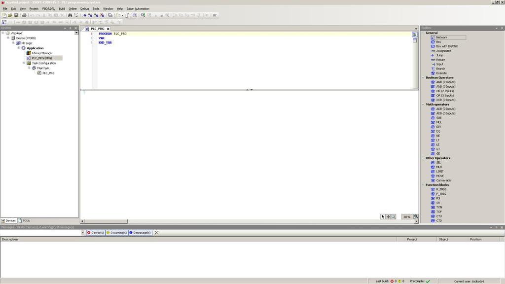 3. Organizacja okien dla języka FBD Po kliknięciu na program FBD np. PLC_PRG ekran wyświetla się jak poniżej.
