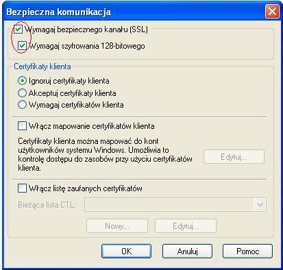 .. i zaznaczyć (jak poniżej) Wymagaj bezpiecznego kanału(ssl) i Wymagaj szyfrowania