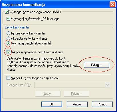 Zaznaczamy opcję Wymagaj certyfikatów klienta,