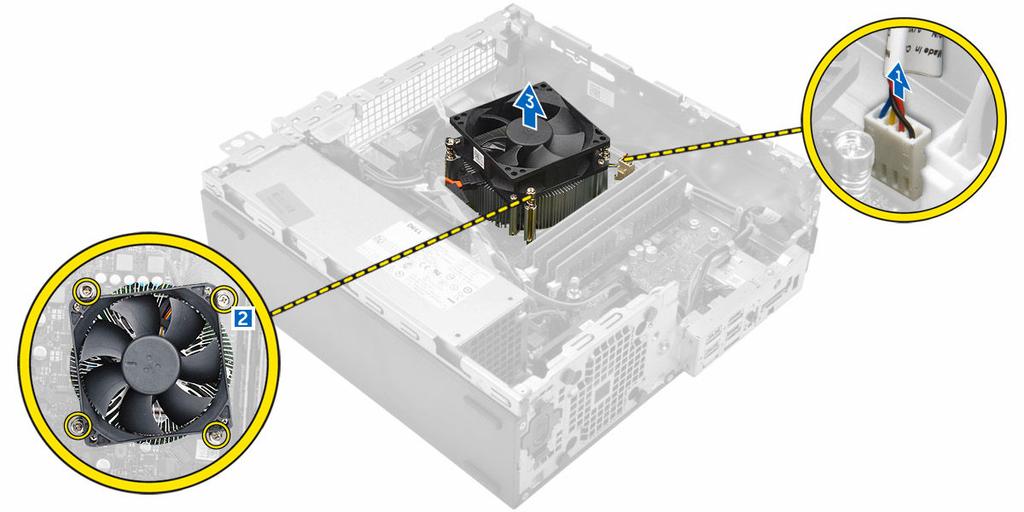 Instalowanie kanału wentylatora 1. Dopasuj otwory w kanale wentylatora z wkrętami na radiatorze. 2. Włóż kanał wentylatora aż zostanie zatrzaśnięty na miejscu. 3. Zainstaluj pokrywę. 4.