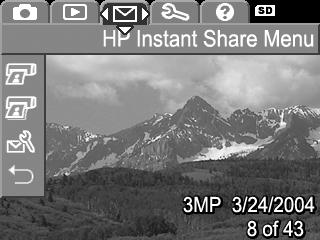 Korzystanie z menu HP Instant Share Po naci ni ciu przycisku HP Instant Share/Print / z tyłu aparatu, na wy wietlaczu obrazów zostanie wy wietlone ostatnio wykonany lub wy wietlony obraz, z menu HP