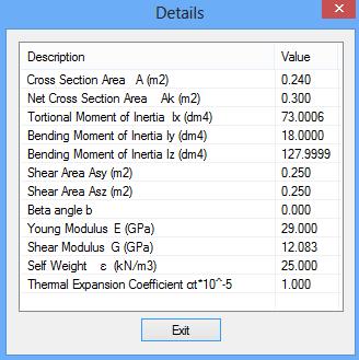 Szczegóły : aby zobaczyć listę wszystkich danych bezwładnościowych i geometrycznych przekroju. BELKI STALOWE Dla przekrojów belek stalowych ustaw materiał i kąt jak w przypadku przekroju betonowego.