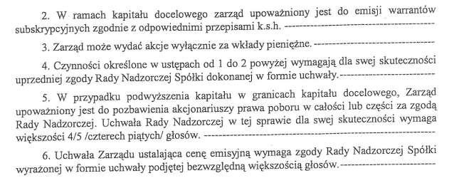 W wyniku uchwały wyemitowanych zostało 4.340 akcji zwykłych na okaziciela, o wartości nominalnej 100,00 zł każda akcja. Uchwałą nr 2/2005 z dnia 18 marca 2005 r.