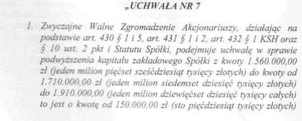 Emisja akcji serii E Akcje serii E zostały wyemitowane na podstawie uchwały nr 7 Zwyczajnego Walnego Zgromadzenia z dnia 9 czerwca 2009 r. W wyniku uchwały wyemitowano 1.