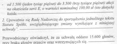 W dniu 29 września 2009 roku Zarząd Emitenta złożył oświadczenie, iż emisja akcji serii E, doszła do skutku, w związku z objęciem i pełnym opłaceniem 1.