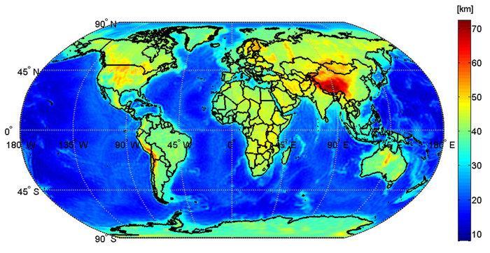 This map shows the global Mohorovičić discontinuity known as Moho based on data from the GOCE satellite.