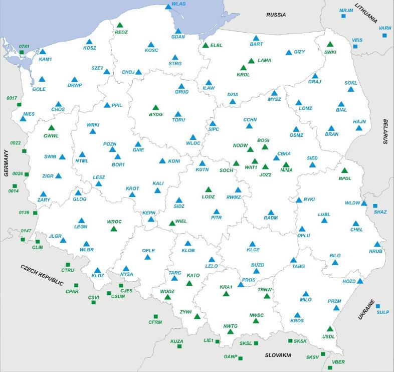 ASG-EUPOS Obserwacje satelitarne GNSS przekazywane na bieżąco do centrum obliczeniowego (Warszawa CODGK i Katowice) średnia odległość pomiędzy stacjami ok.