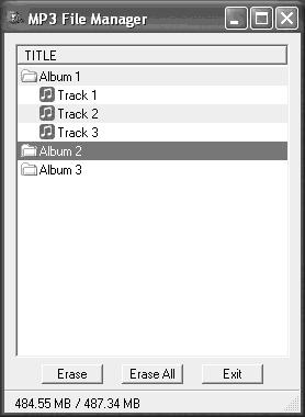 Ekran programu MP3 File Manager 1 2 6 3 5 4 1 Lista albumów Kliknij dwukrotnie, aby wyswietlic dolaczona liste utworów. Kliknij dwukrotnie ponownie, aby ukryc liste utworów.