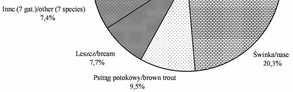 Wśród tych gatunków największym udziałem charakteryzowały się kleń (28,2%) i świnka (20,3%), a poza tym łowiono równieŝ brzanę i jazia. W odłowach nie wystąpiła certa i boleń.