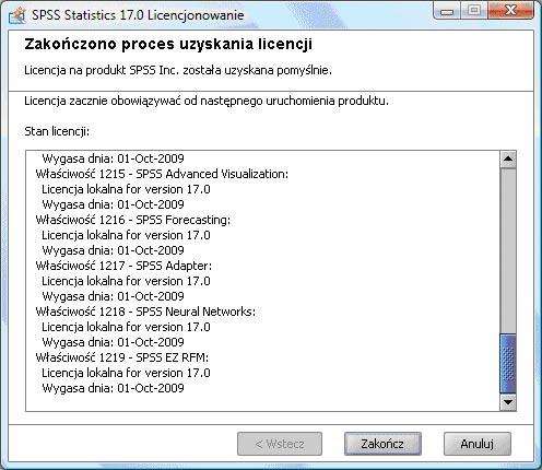 Na zakończenie procesu licencjonowania i instalacji programu wyświetlane jest podsumowanie uzyskanych licencji na poszczególne opcje systemu spss.