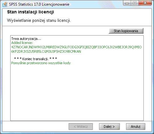 Poprawne wprowadzenie kodu licencyjnego dla produktu spss oznajmiane jest odpowiednim komunikatem.